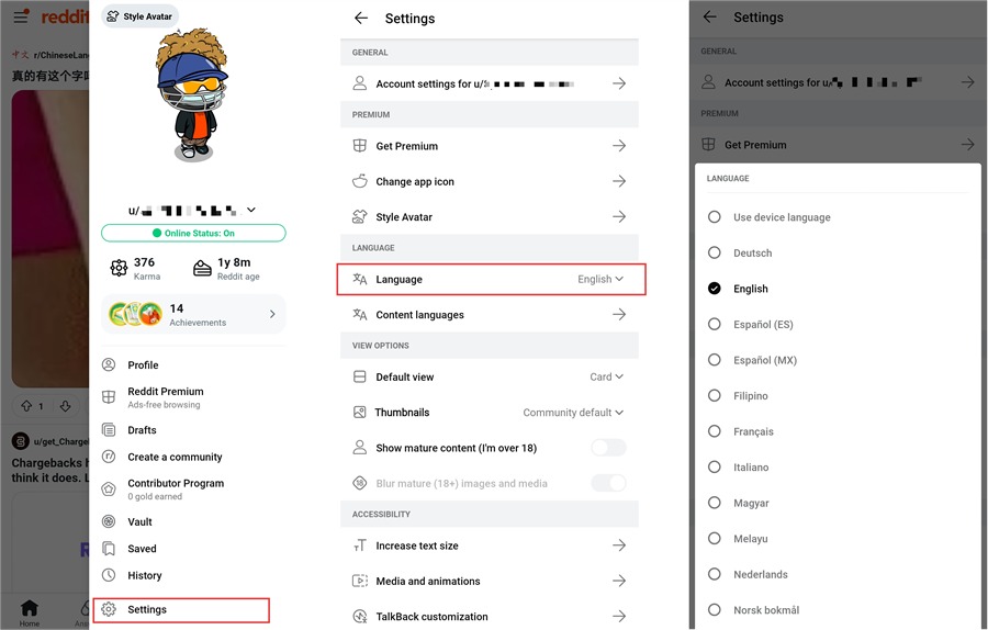 reddit移动端设置中文流程