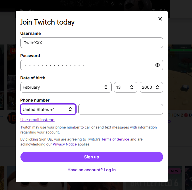 填写twitch注册信息 填写twitch注册信息